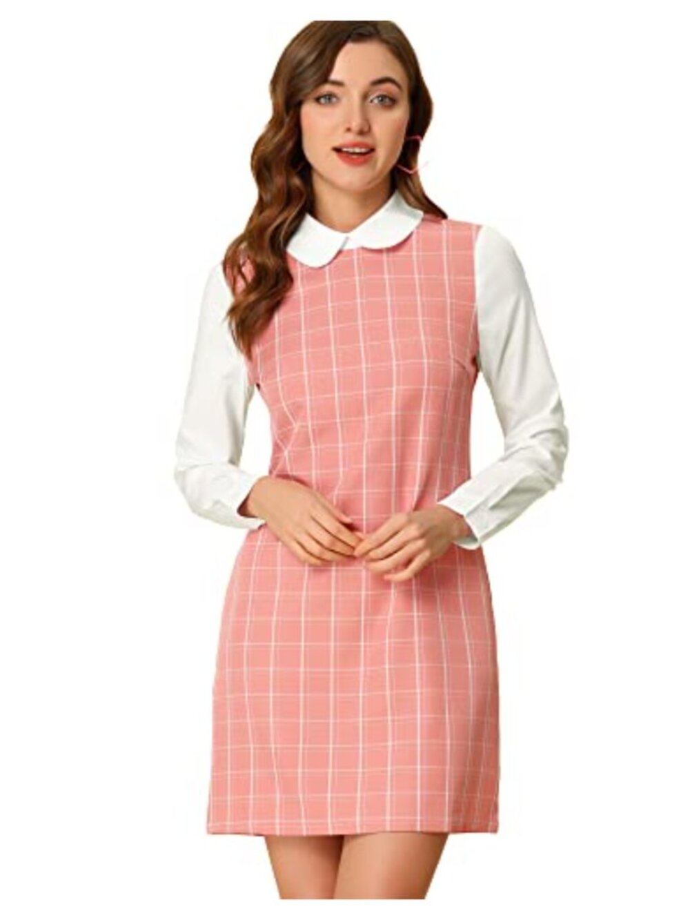 1960s Color Block Peter Pan Collar Long Sleeve Mini Dress Plaid Shift Dress